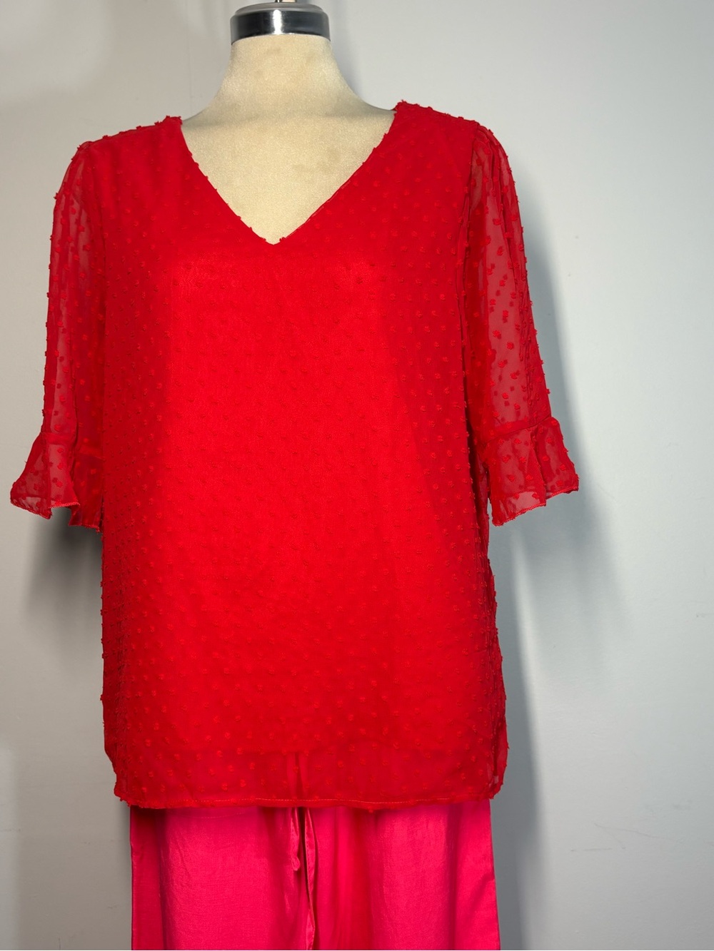 Red V-Neck Swiss Dot Blouse with Ruffle Elbow Sleeves